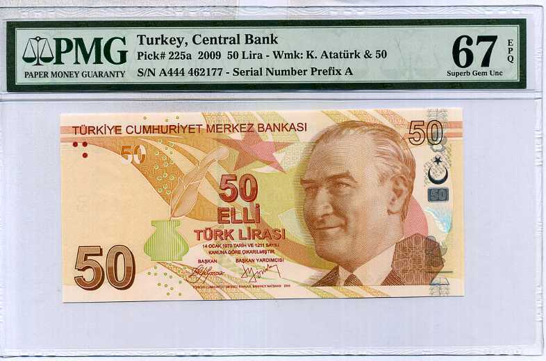 Turkey 50 Lira 2009 / 2017 P 225 a Prefix A Superb Gem UNC PMG 67 EPQ High