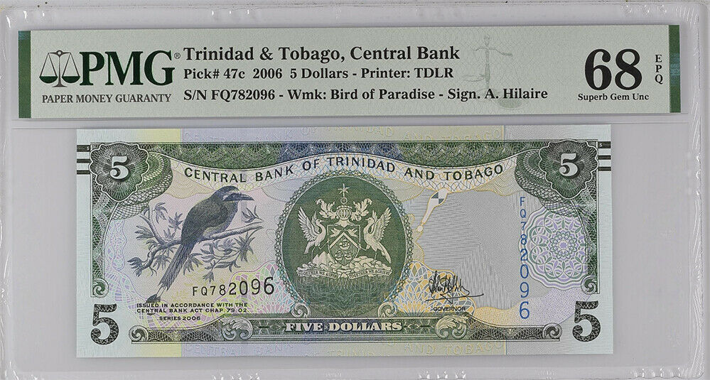 Trinidad & Tobago 5 Dollars 2006 P 47 c Superb Gem UNC PMG 68 EPQ Top Pop
