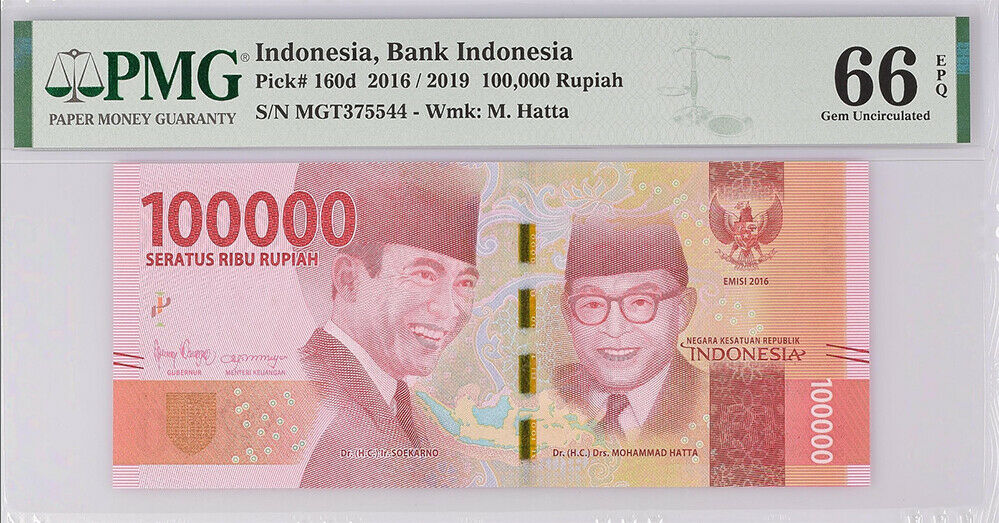 Indonesia 100000 Rupiah 2016 / 2019 P 160 d Gem UNC PMG 66 EPQ