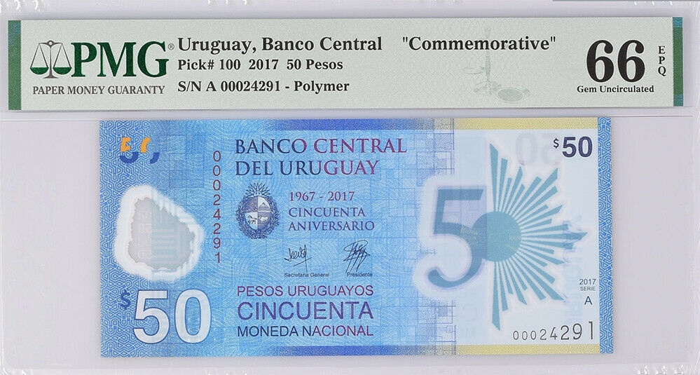 Uruguay 50 Pesos 2017 Polymer 50TH Comm. P 100 Gem UNC PMG 66 EPQ