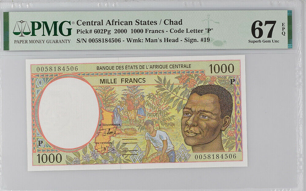 Central African States Chad 1000 Fr.2000 P 602 Pg Superb Gem UNC PMG 67 EPQ Top