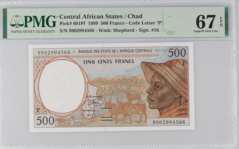 Central African States 500 FR 1999 P 301Ff Superb Gem UNC PMG 67 EPQ Wrong Label