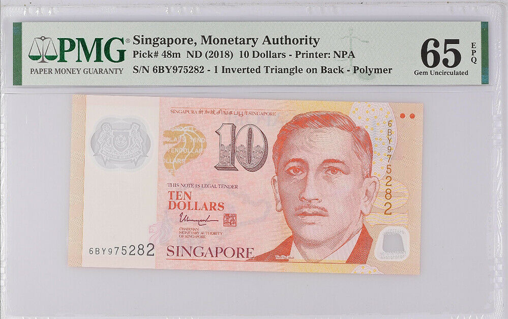 Singapore 10 Dollars ND 2018 P 48 m Gem UNC PMG 65 EPQ