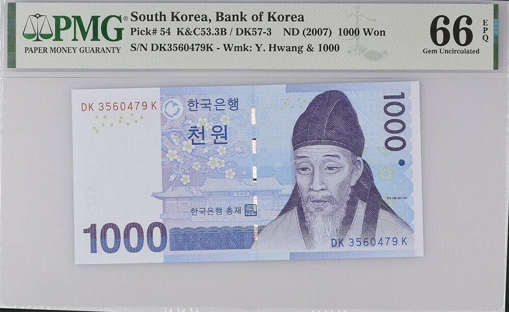 South Korea 1000 Won ND 2007 P 54 GEM UNC PMG 66 EPQ