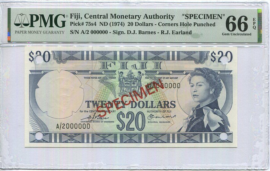 Fiji 20 Dollars ND 1974 P 75 s4 SPECIMEN A/2 Gem UNC PMG 66 EPQ