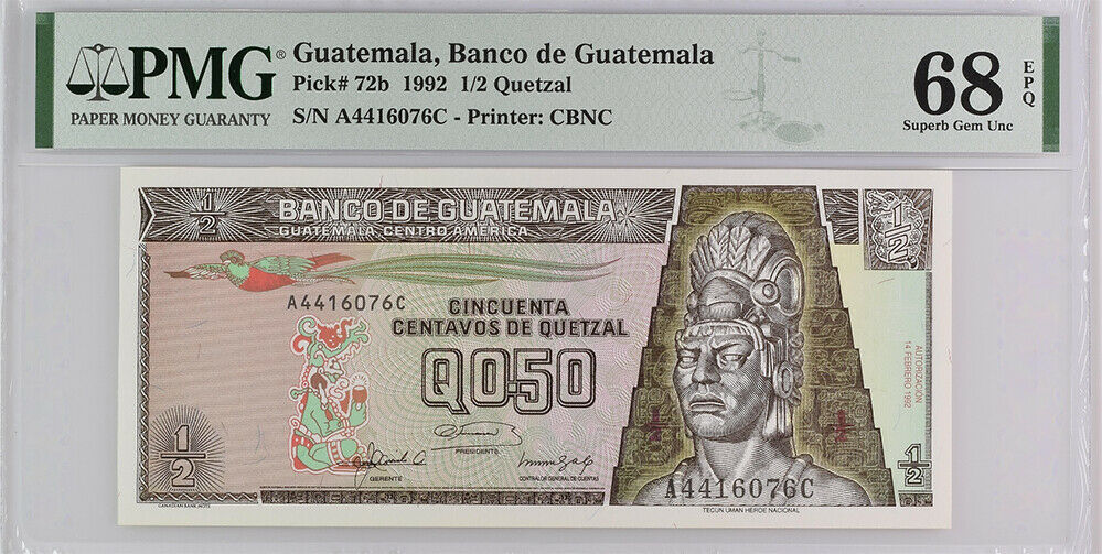 Guatemala 1/2 Quetzal 1992 P 72 b Superb Gem UNC PMG 68 EPQ High