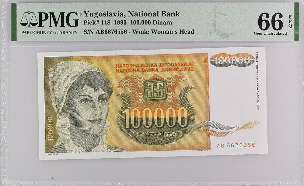 Yugoslavia 100000 Dinara 1993 P 118 GEM UNC PMG 66 EPQ