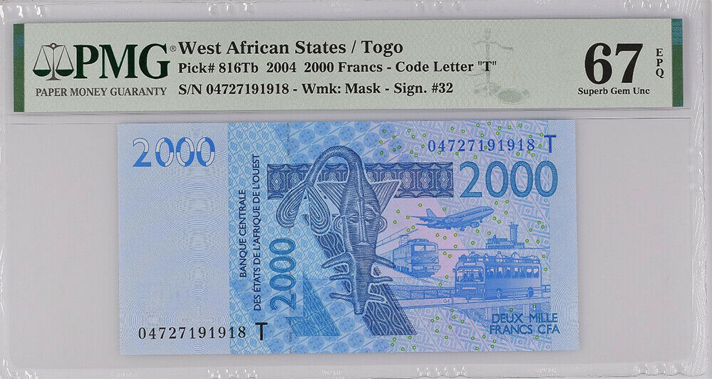 West African States Togo 2000 Francs 2004 P 816Tb Superb GEM UNC PMG 67 EPQ