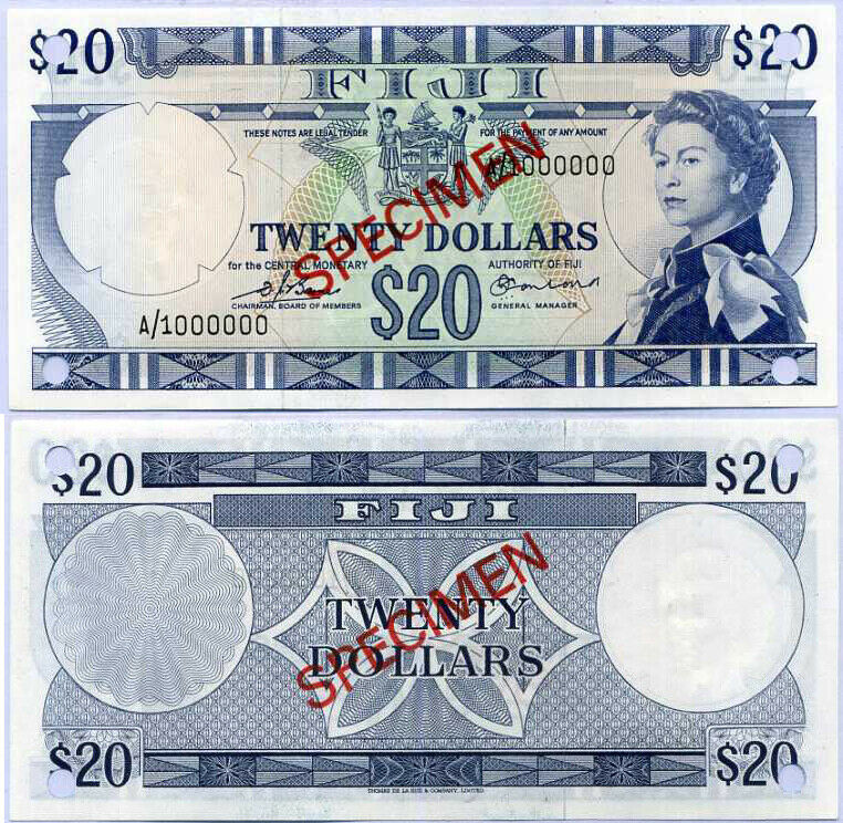 Fiji 20 Dollars QE II 1974 P 75 Specimen Prefix A/1 Sign Barnes Earland UNC