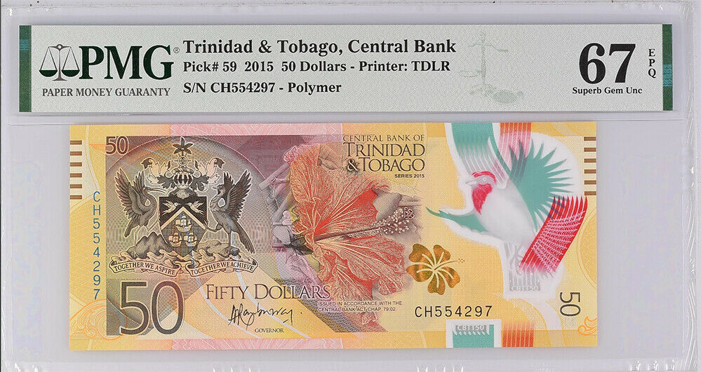 Trinidad & Tobago 50 Dollars 2015 P 59 Polymer Superb Gem UNC PMG 67 EPQ
