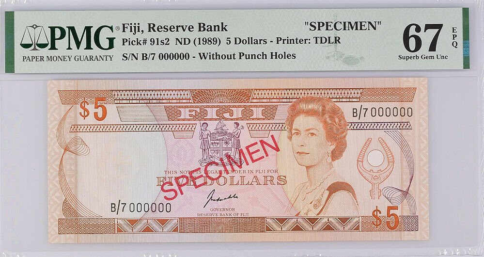 Fiji 5 Dollars ND 1989 P 91s2 SPECIMEN Superb Gem UNC PMG 67 EPQ Top Pop