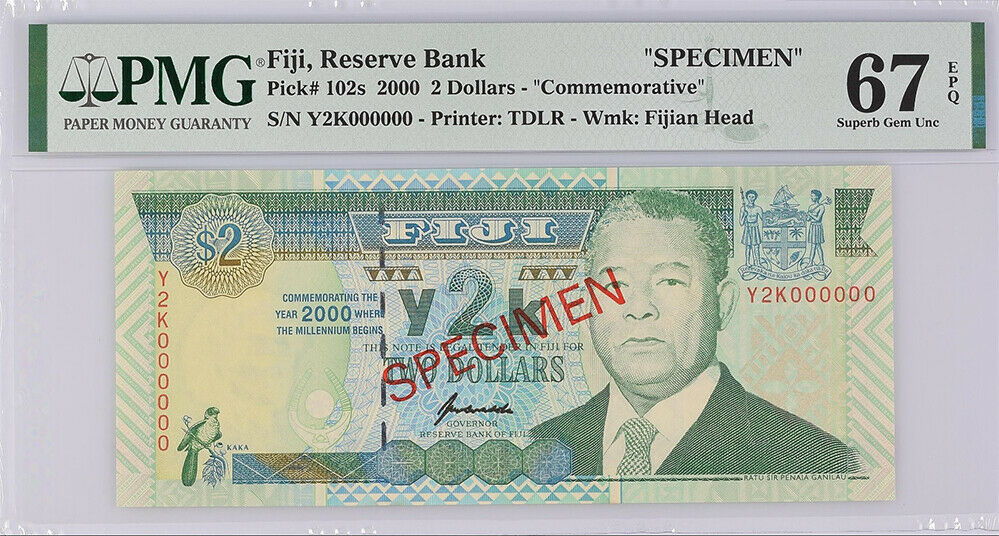 Fiji 2 Dollars Comm. 2000 Y2K P 102s SPECIMEN Superb Gem UNC PMG 67 EPQ High