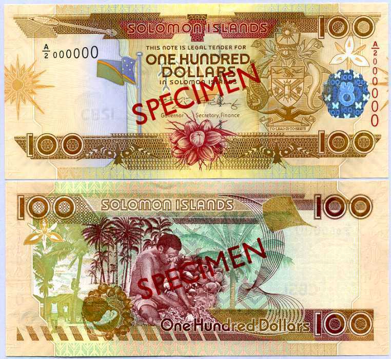 Solomon Islands 100 Dollars ND 2008 P 30 Specimen A/2 000000 UNC