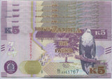 Zambia 5 Kwacha 2020 P 57 UNC Lot 5 PCS