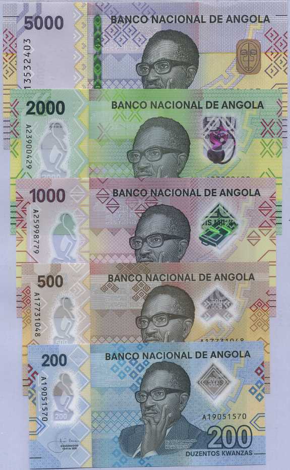 Angola Set 5 UNC 200 500 1000 2000 5000 (Paper) Kwanzas 2020-2021 P 160-163 NEW