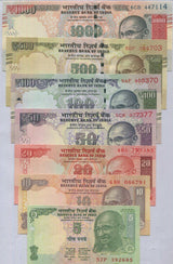 India set 7 UNC 5 10 20 50 100 500 1000 Rupees P 88A 102 103 104 105 106 107