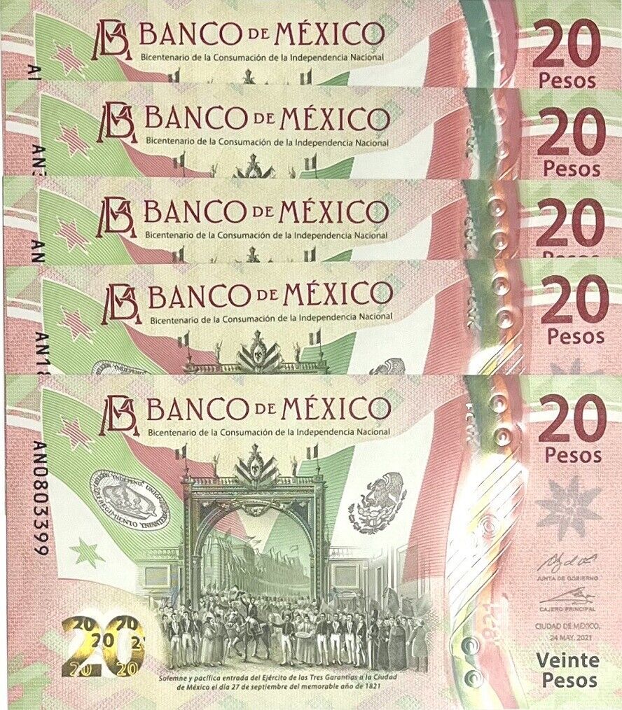 Mexico Set 5 PCS 20 Pesos 2021 P 136 AN Prefix 5 Different Sign UNC