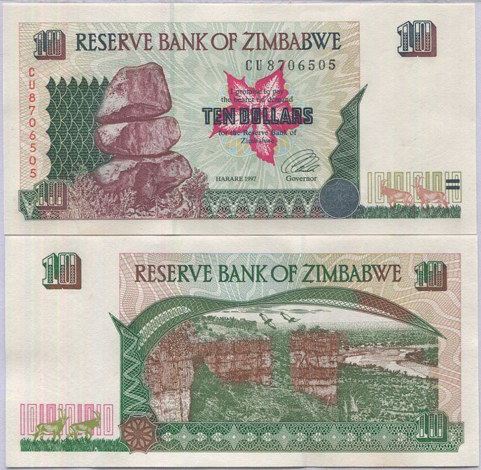 Zimbabwe 10 Dollars 1997 P 6 UNC LITTLE TONE