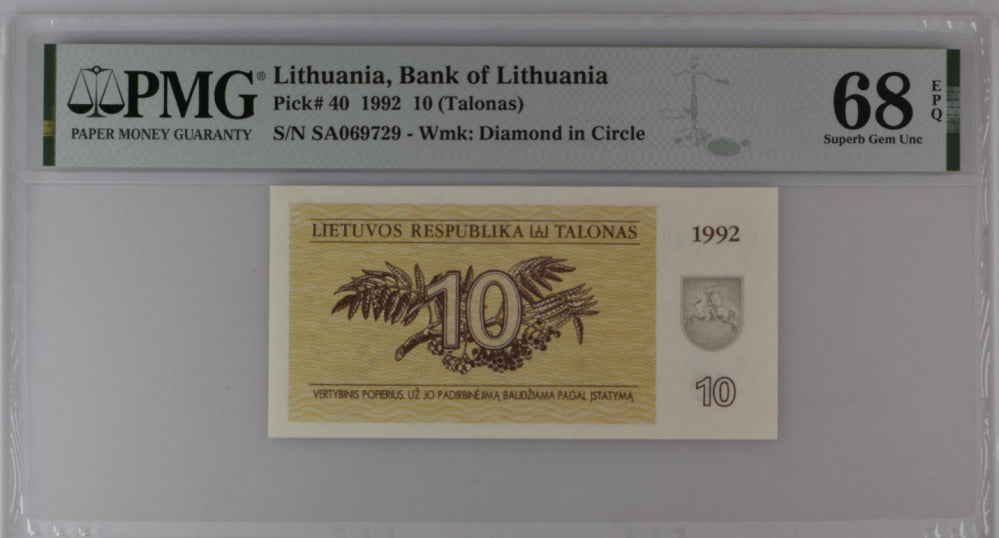 Lithuania 10 Talonas 1992 P 40 Superb Gem UNC PMG 68 EPQ