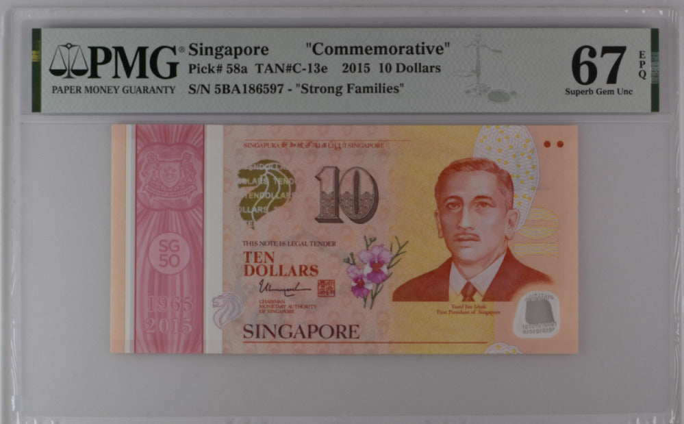 Singapore 10 Dollars 2015 P 58 a Polymer Superb Gem UNC PMG 67 EPQ