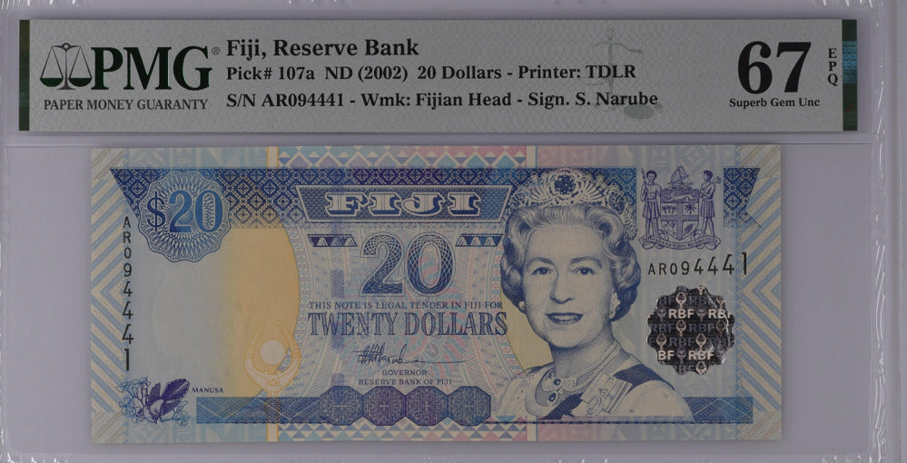 Fiji 20 Dollars ND 2002 P 107 a Superb Gem UNC PMG 67 EPQ Top Pop