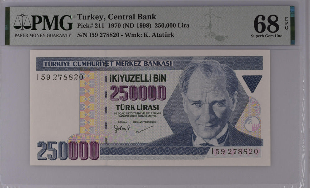 Turkey 250000 Lirasi 1970 ND 1998 P 211 Superb Gem UNC PMG 68 EPQ Top Pop