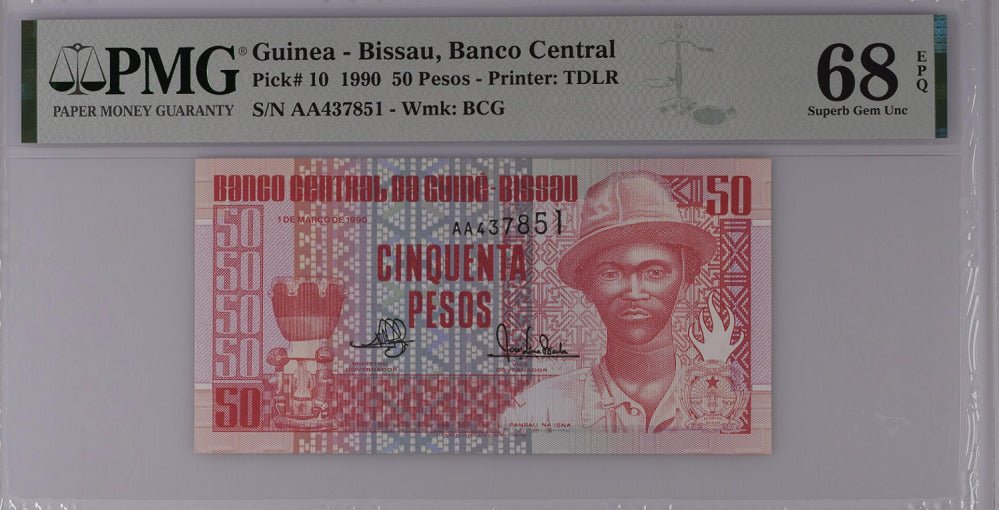 Guinea Bissau 50 Pesos 1990 P 10 Prefix AA Superb Gem UNC PMG 68 EPQ Top Pop