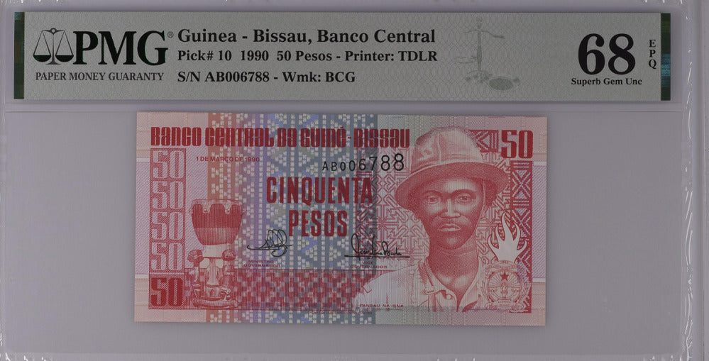 Guinea Bissau 50 Pesos 1990 P 10 Prefix AB Superb Gem UNC PMG 68 EPQ Top Pop