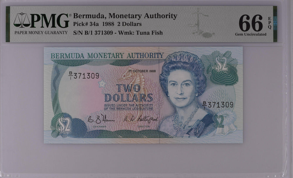 Bermuda 2 Dollars 1988 P 34 a QE II Gem UNC PMG 66 EPQ
