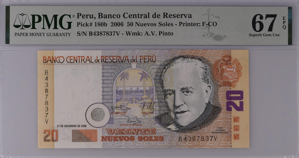 Peru 20 Nuevos Soles 2006 P 176 Superb Gem UNC PMG 67 EPQ Wrong Label