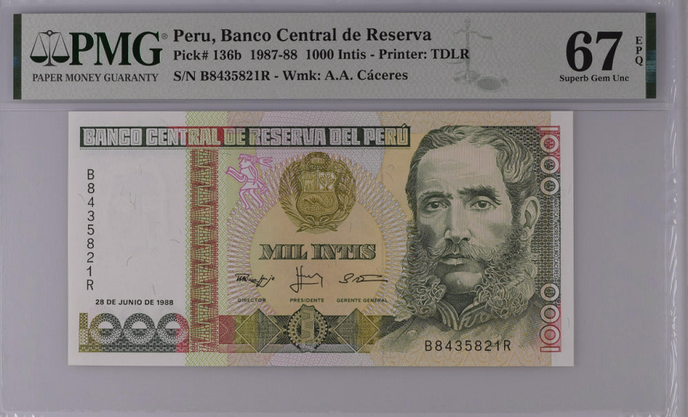 Peru 1000 Intis 1988 P 136 b Superb Gem UNC PMG 67 EPQ