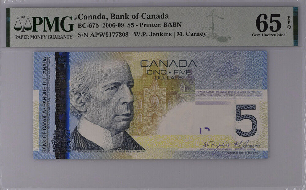 Canada 5 Dollars 2006/2009 P 101A Jenkins Carney Gem UNC PMG 65 EPQ