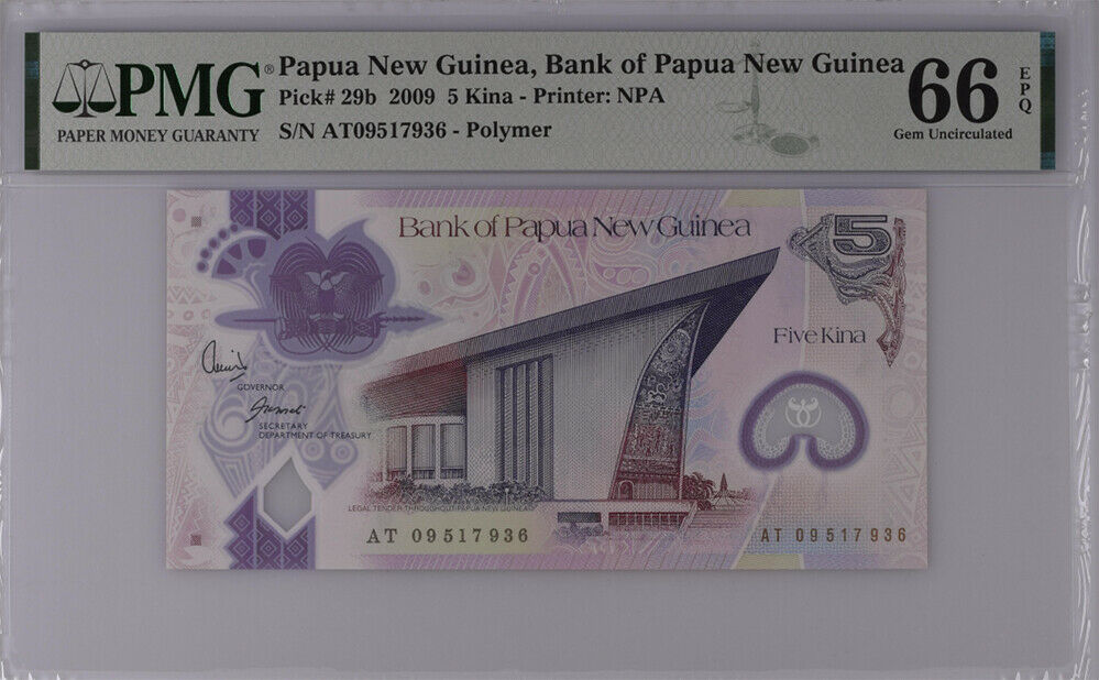 Papua New Guinea 5 Kina 2009 P 29 b Polymer Gem UNC PMG 66 EPQ