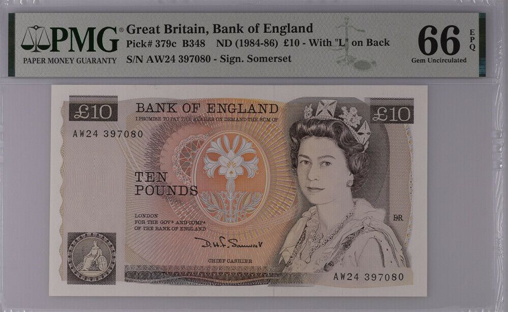 Great Britain 10 Pounds ENGLAND P 379 c letter L at back Gem UNC PMG 66 EPQ