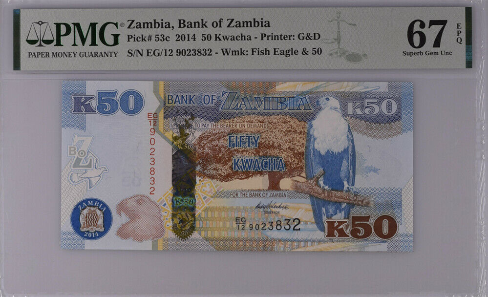Zambia 50 Kwacha 2014 P 53 c Superb Gem UNC PMG 67 EPQ