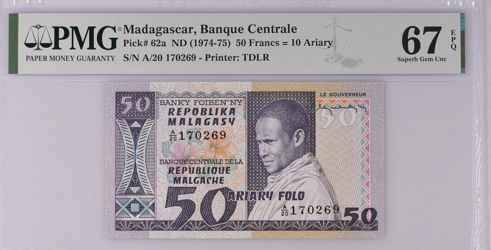 Madagascar 50 Francs =10 Ariary 1974/1975 P 62 a Superb GEM UNC PMG 67 EPQ