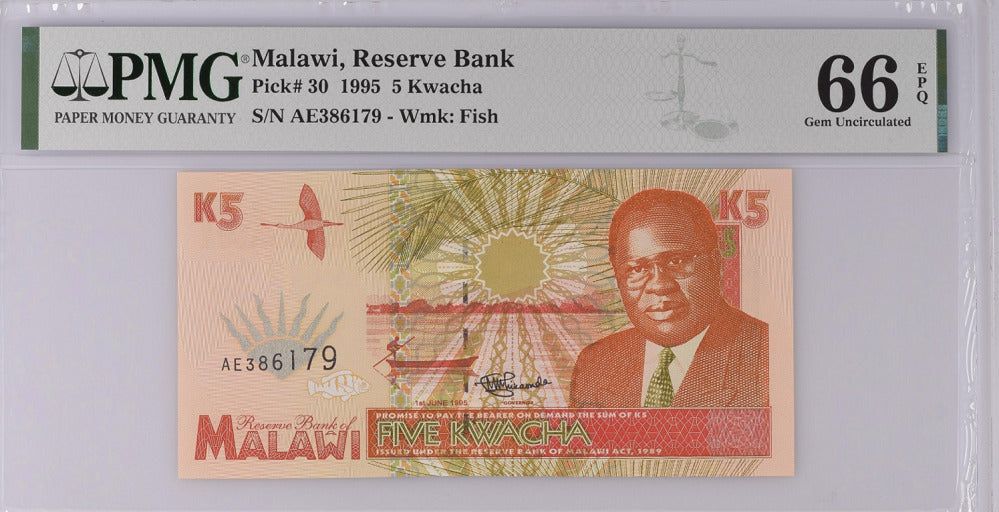 Malawi 5 Kwacha 1995 P 30 GEM UNC PMG 66 EPQ