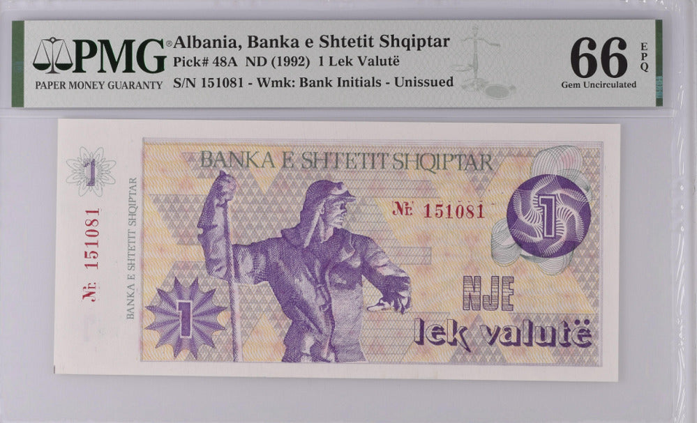 Albania 1 Lek Valute ND 1992 P 48A GEM UNC PMG 66 EPQ