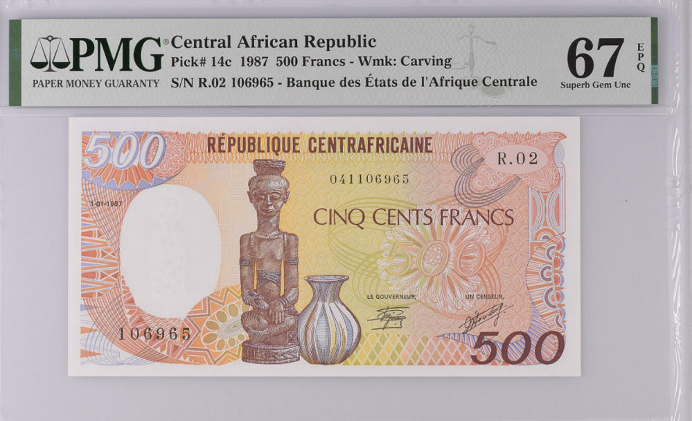 Central African Republic 500 Francs 1987 P 14 c Superb Gem UNC PMG 67 EPQ