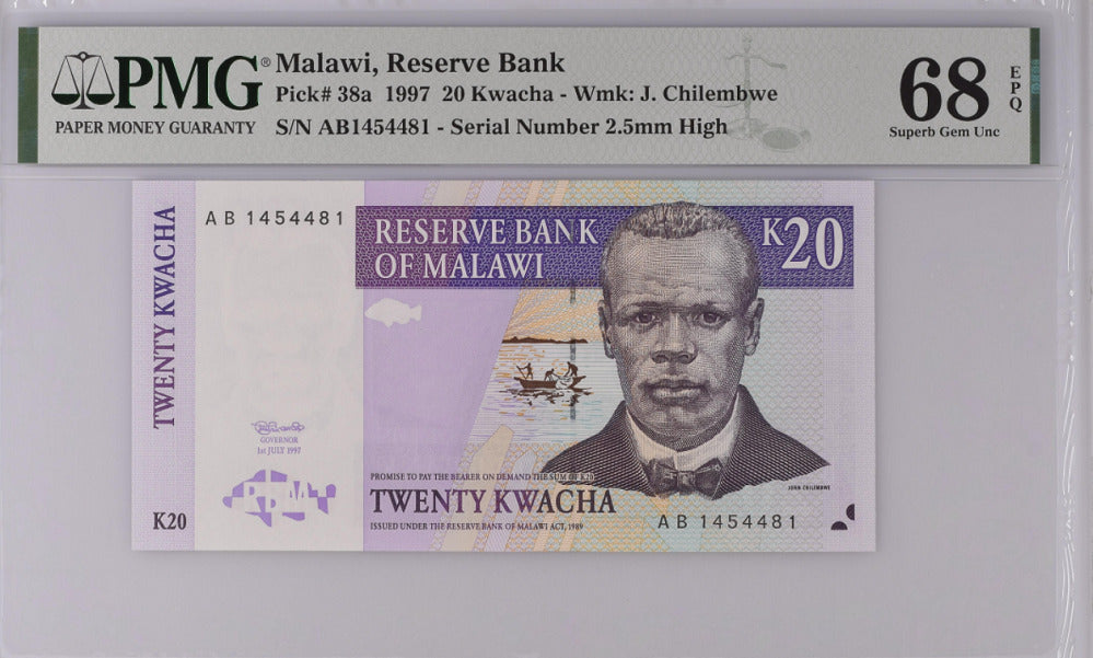 Malawi 20 Kwacha 1997 P 38 a Superb GEM UNC PMG 68 EPQ Top Pop