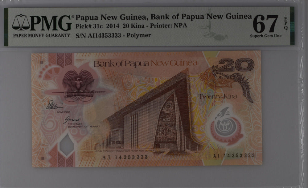 Papua New Guinea 20 Kina 2014 P 31 c Polymer Superb Gem UNC PMG 67 EPQ