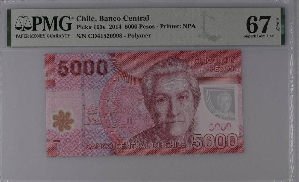 Chile 5000 Pesos 2014 P 163 e Superb Gem UNC PMG 67 EPQ