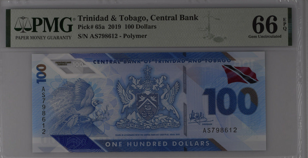 Trinidad & Tobago 100 Dollar 2019 P 65 a Polymer Gem UNC PMG 66 EPQ