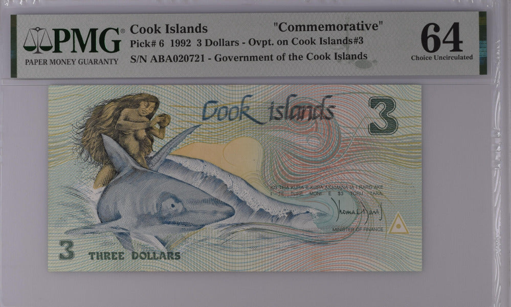 Cook Islands 3 Dollars 1992 P 6 Choice UNC PMG 64