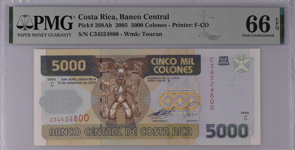 Costa Rica 5000 Colones 2005 P 268Ab Gem UNC PMG 66 EPQ