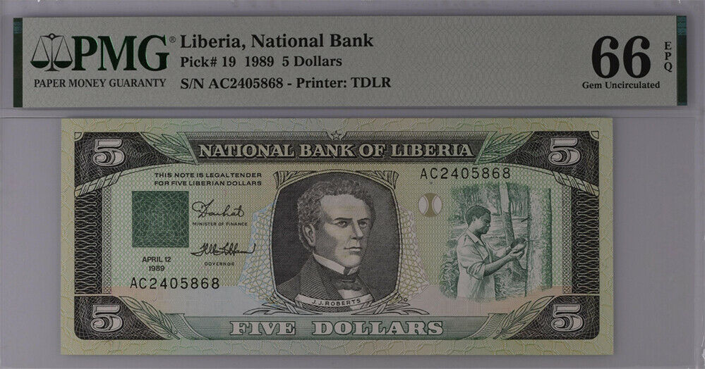 Liberia 5 Dollars 1989 P 19 Gem UNC PMG 66 EPQ