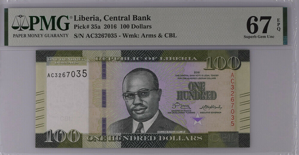 Liberia 100 Dollars 2016 P 35 a Superb Gem UNC PMG 67 EPQ Top Pop