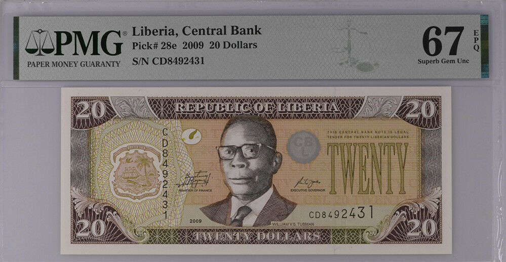Liberia 20 Dollars 2009 P 28 e Superb Gem UNC PMG 67 EPQ Top Pop