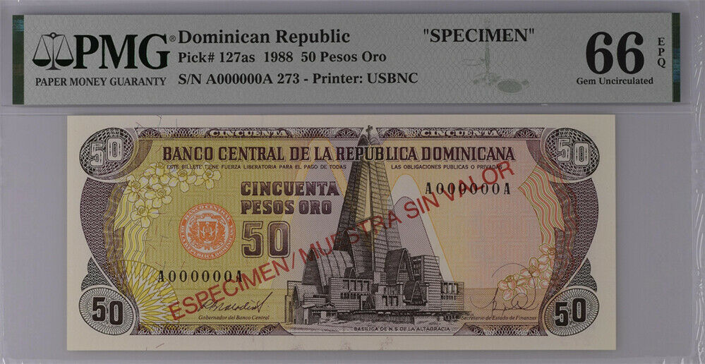 Dominican Republic 50 Pesos 1988 P 127 as SPECIMEN Gem UNC PMG 66 EPQ Top Pop