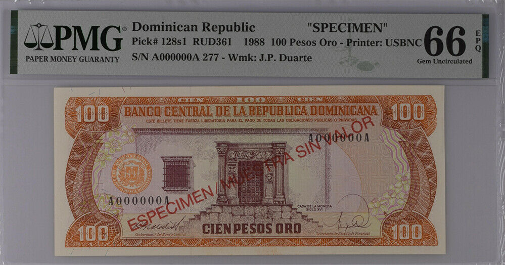 Dominican Republic 100 Pesos 1988 P 128 S SPECIMEN Gem UNC PMG 66 EPQ Top Pop